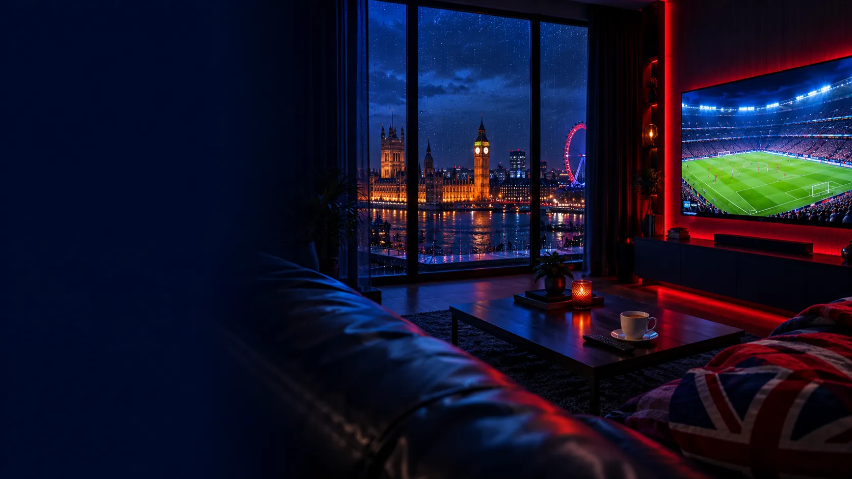 British living room at night with live football on a big TV and Big Ben, the Houses of Parliament and the London Eye through the window – UK Pro TV IPTV